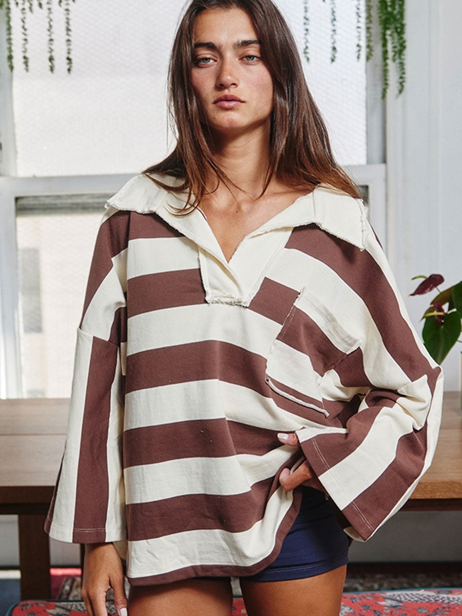 STRIPED BIG COLLARED PULLOVER SWEATSHIRT - BROWN/CREAM