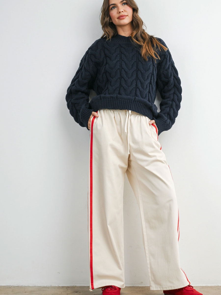 STRIPED WIDE LEG DRAWSTRING TRACK PANTS - IVORY RED