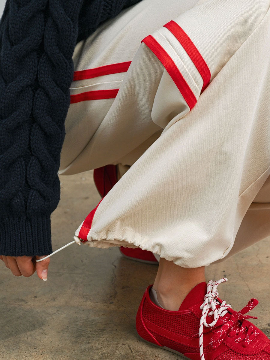 STRIPED WIDE LEG DRAWSTRING TRACK PANTS - IVORY RED