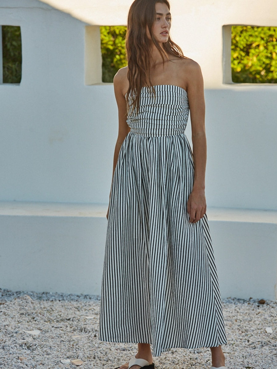 STRIPED STRAPLESS FLARE MAXI DRESS - OFF WHITE DRESSES BY TOGETHER