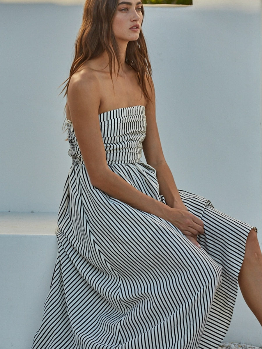 STRIPED STRAPLESS FLARE MAXI DRESS - OFF WHITE DRESSES BY TOGETHER