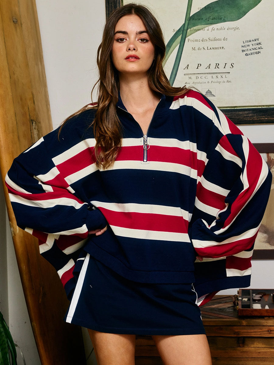 STRIPED HALF-ZIP SPORTY PULLOVER - NAVY MULTI