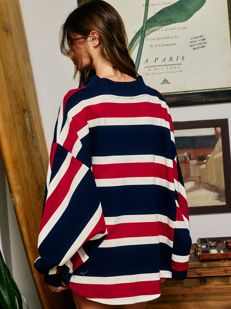 STRIPED HALF-ZIP SPORTY PULLOVER - NAVY MULTI