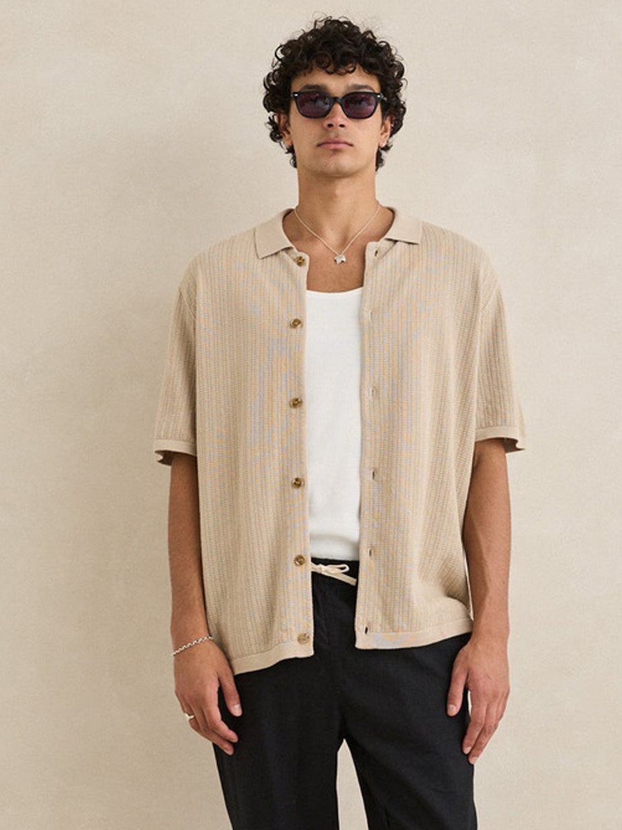 TEXTURED KNIT SHORT-SLEEVE SHIRT - STONE