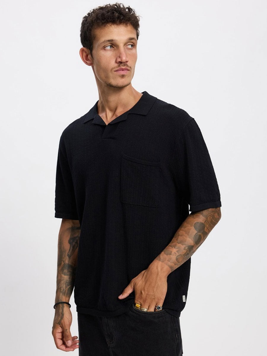 TEXTURED KNIT WHIP STITCH POLO - BLACK T-SHIRTS RHYTHM