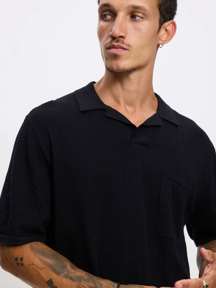 TEXTURED KNIT WHIP STITCH POLO - BLACK T-SHIRTS RHYTHM