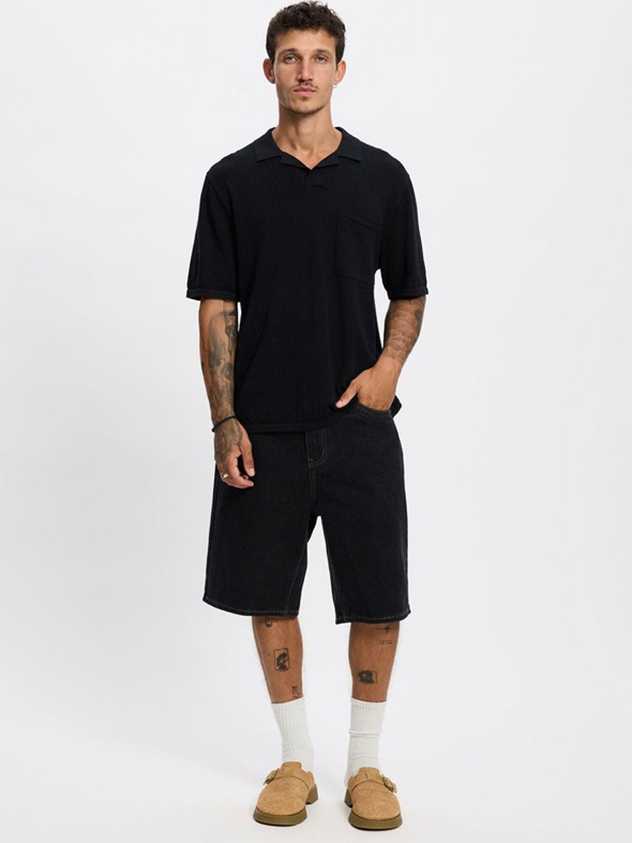 TEXTURED KNIT WHIP STITCH POLO - BLACK T-SHIRTS RHYTHM