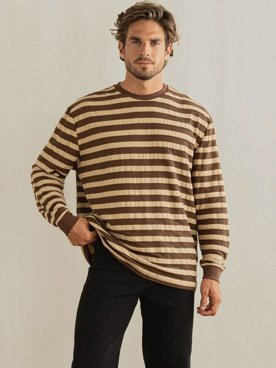 TEXTURED STRIPE LONG-SLEEVE T-SHIRT - BROWN T-SHIRTS RHYTHM