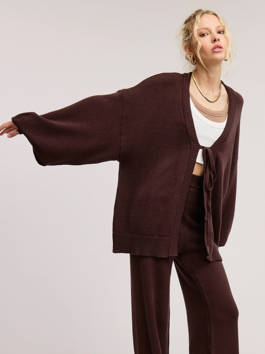 TIE FRONT CARDIGAN - CHOCOLATE SWEATERS OAK CLOTHING CO.
