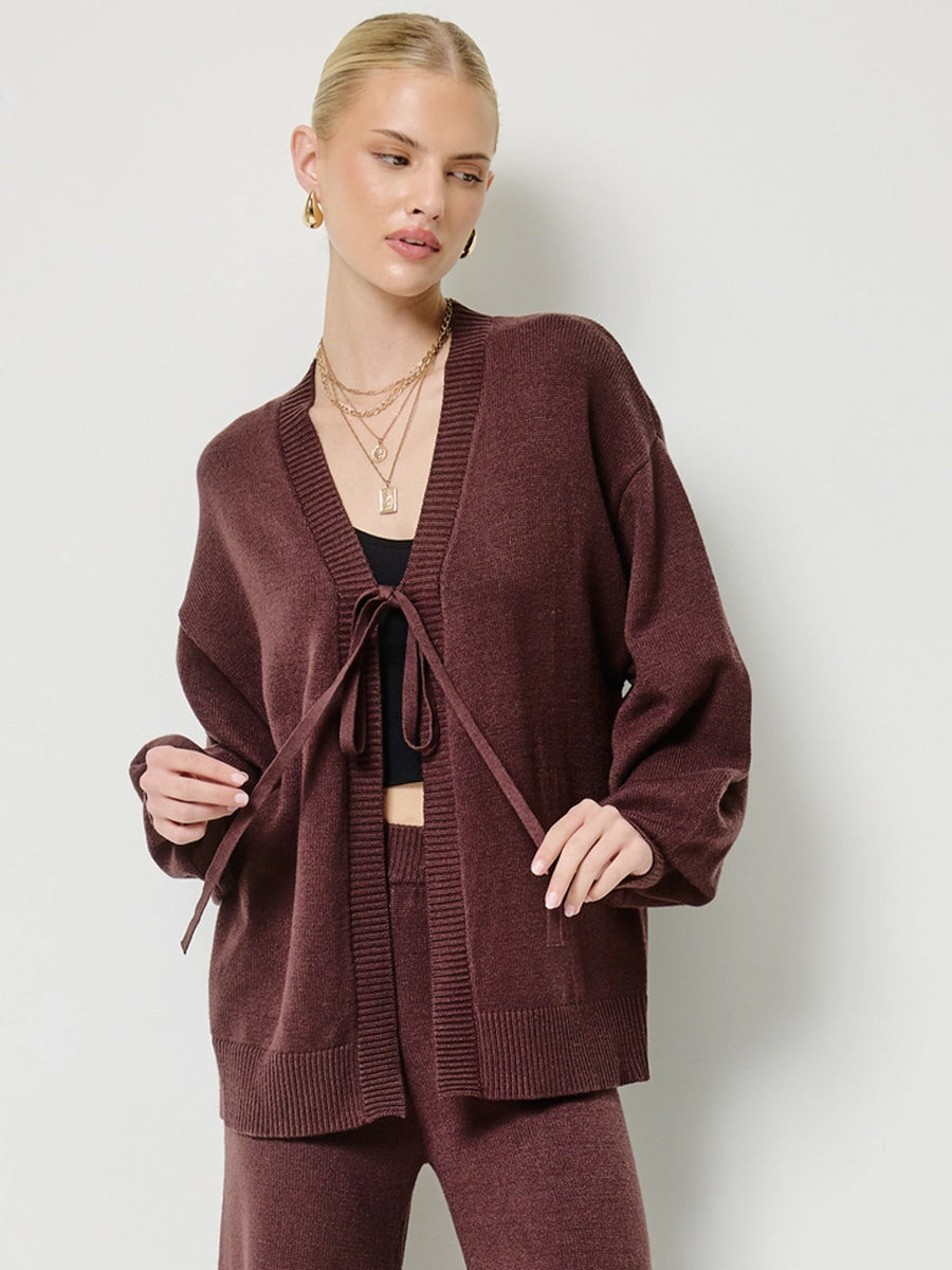 TIE FRONT CARDIGAN - CHOCOLATE SWEATERS OAK CLOTHING CO.