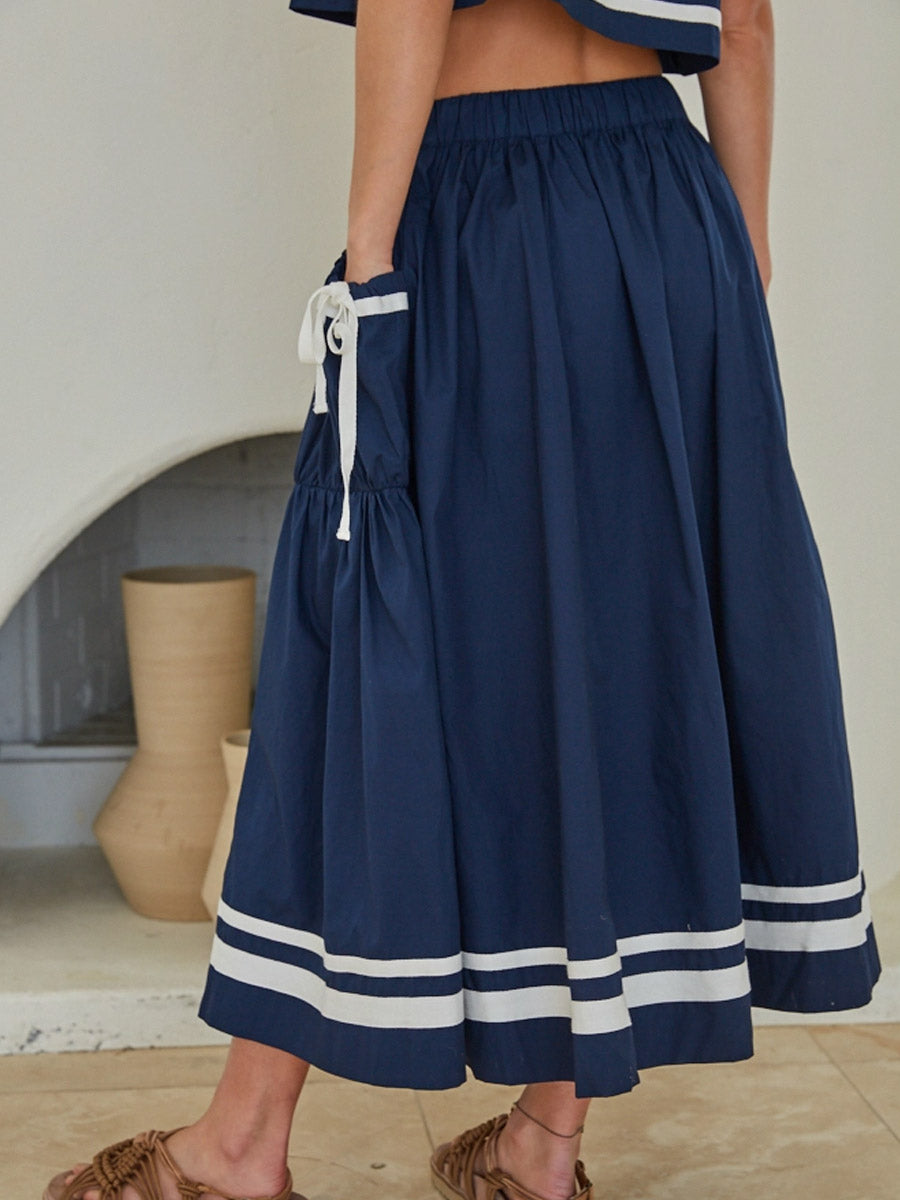 WOVEN COTTON FLARE MIDI SKIRT - NAVY SKIRT -