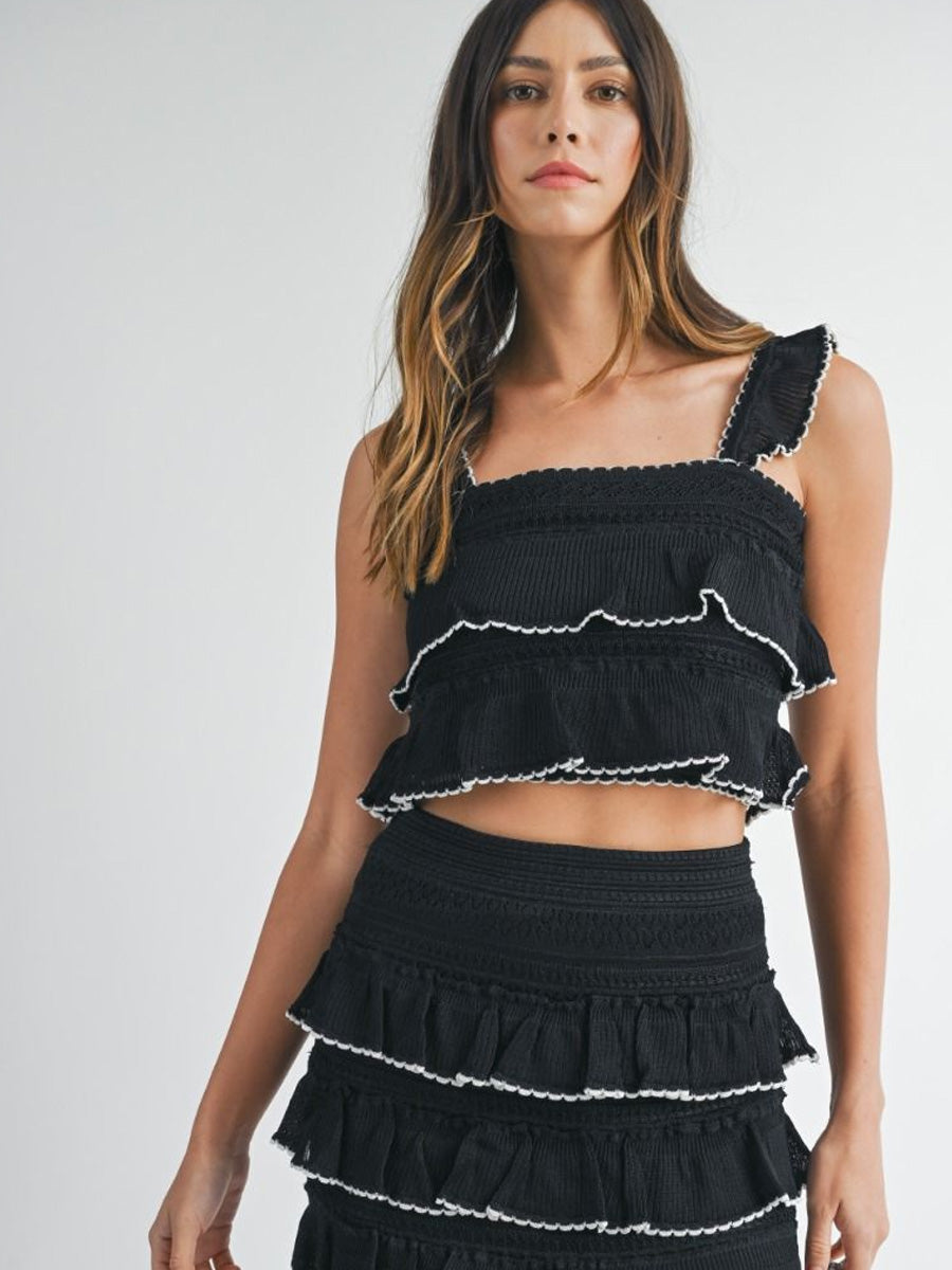 TIERED RUFFLED KNIT TOP - BLACK/WHITE