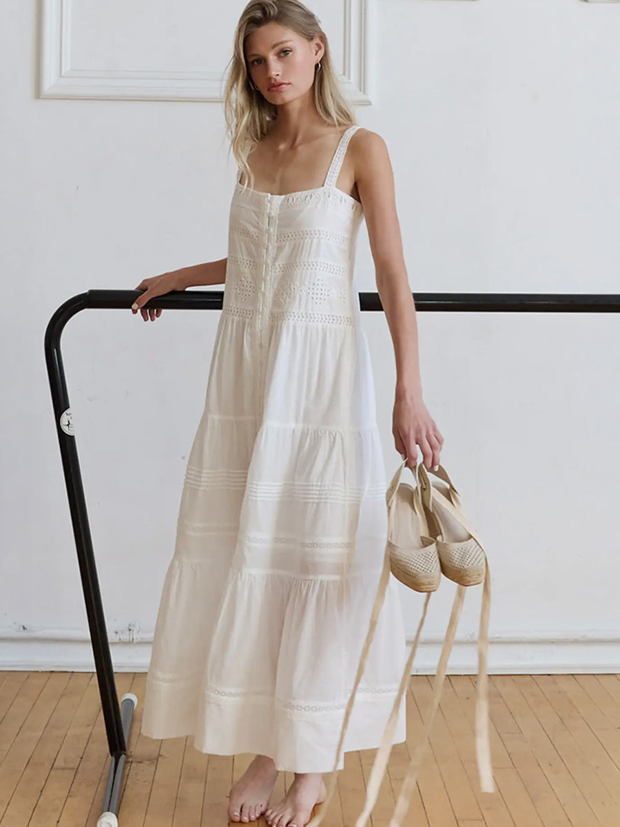 ROMANTIC TIERED WOVEN MAXI WITH LACE TRIM - WHITE DRESSES OAK CLOTHING CO.