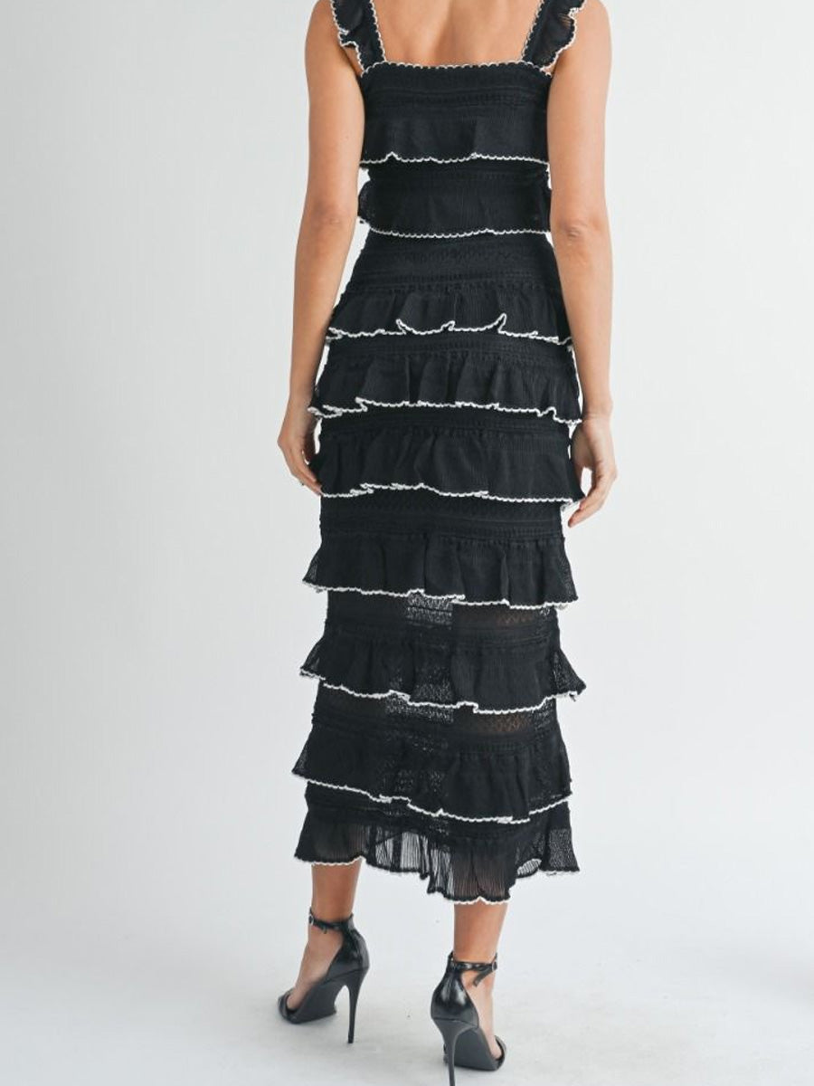 TIERED RUFFLED KNIT SKIRT - BLACK/WHITE