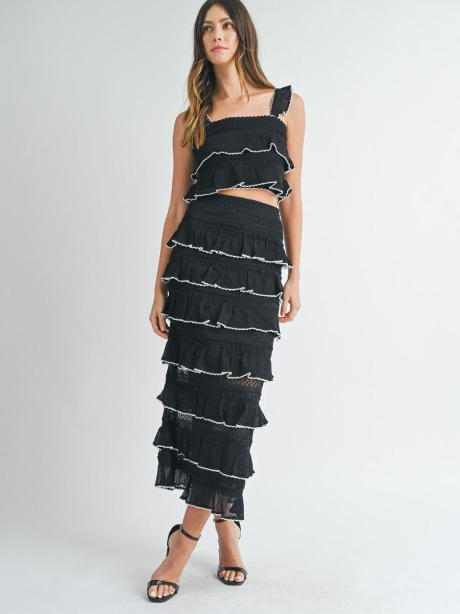 TIERED RUFFLED KNIT SKIRT - BLACK/WHITE