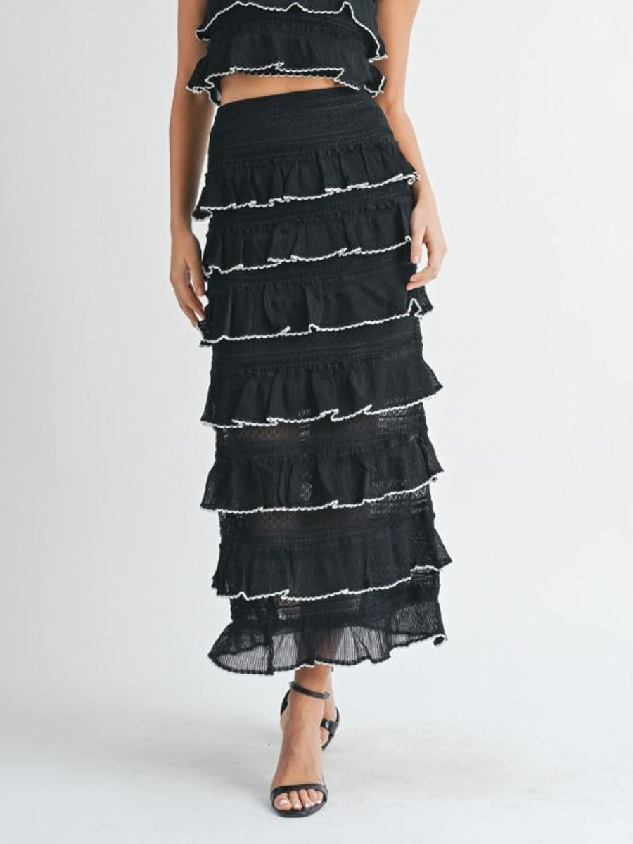 TIERED RUFFLED KNIT SKIRT - BLACK/WHITE