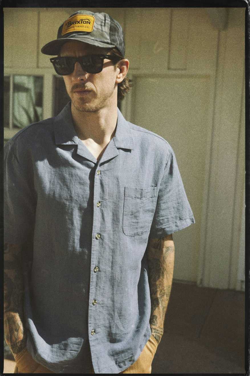 BRIXTON BUNKER LINEN BLEND S/S - FLINT STONE BLUE SHIRT BRIXTON   