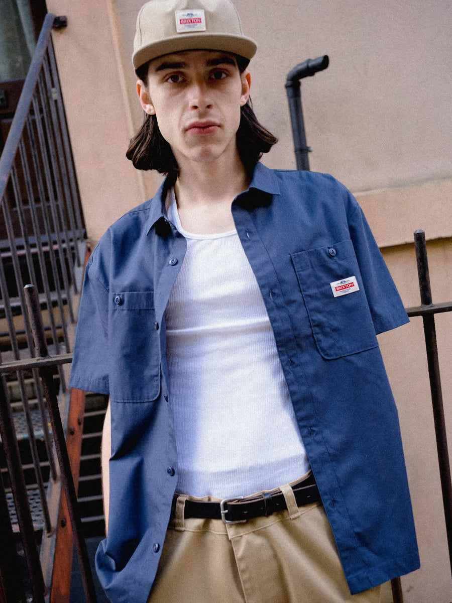BRIXTON TRADEMARK WOVEN SHORT-SLEEVE SHIRT - WASHED NAVY SHIRTS BRIXTON