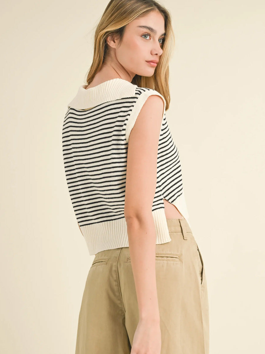 V-NECK STRIPE COLLAR KNITTED TOP - BLACK/IVORY Shirts & Tops -