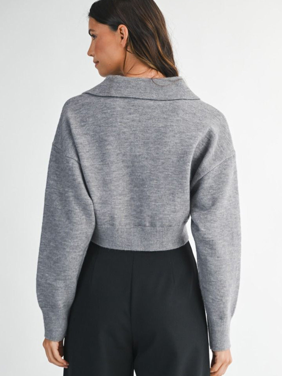 CROPPED COLLARED KNIT SWEATER - GREY SWEATERS OAK CLOTHING CO.