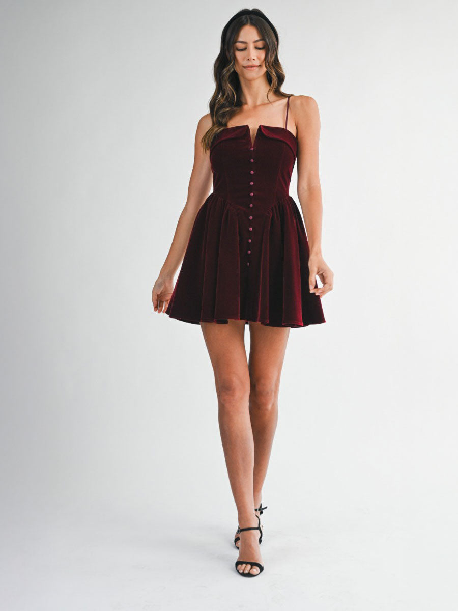 VELVET BUSTIER MINI DRESS - WINE DRESSES OAK CLOTHING CO.
