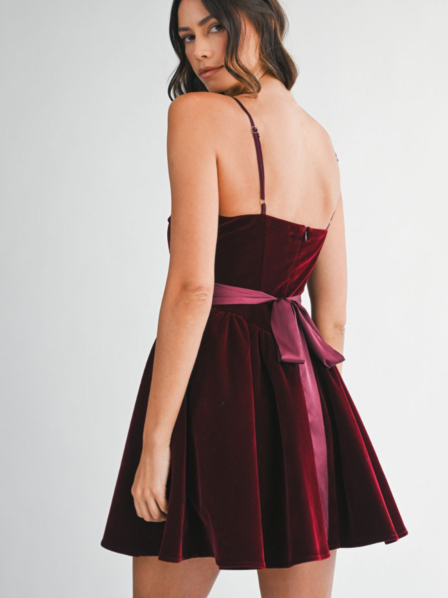 VELVET BUSTIER MINI DRESS - WINE DRESSES OAK CLOTHING CO.