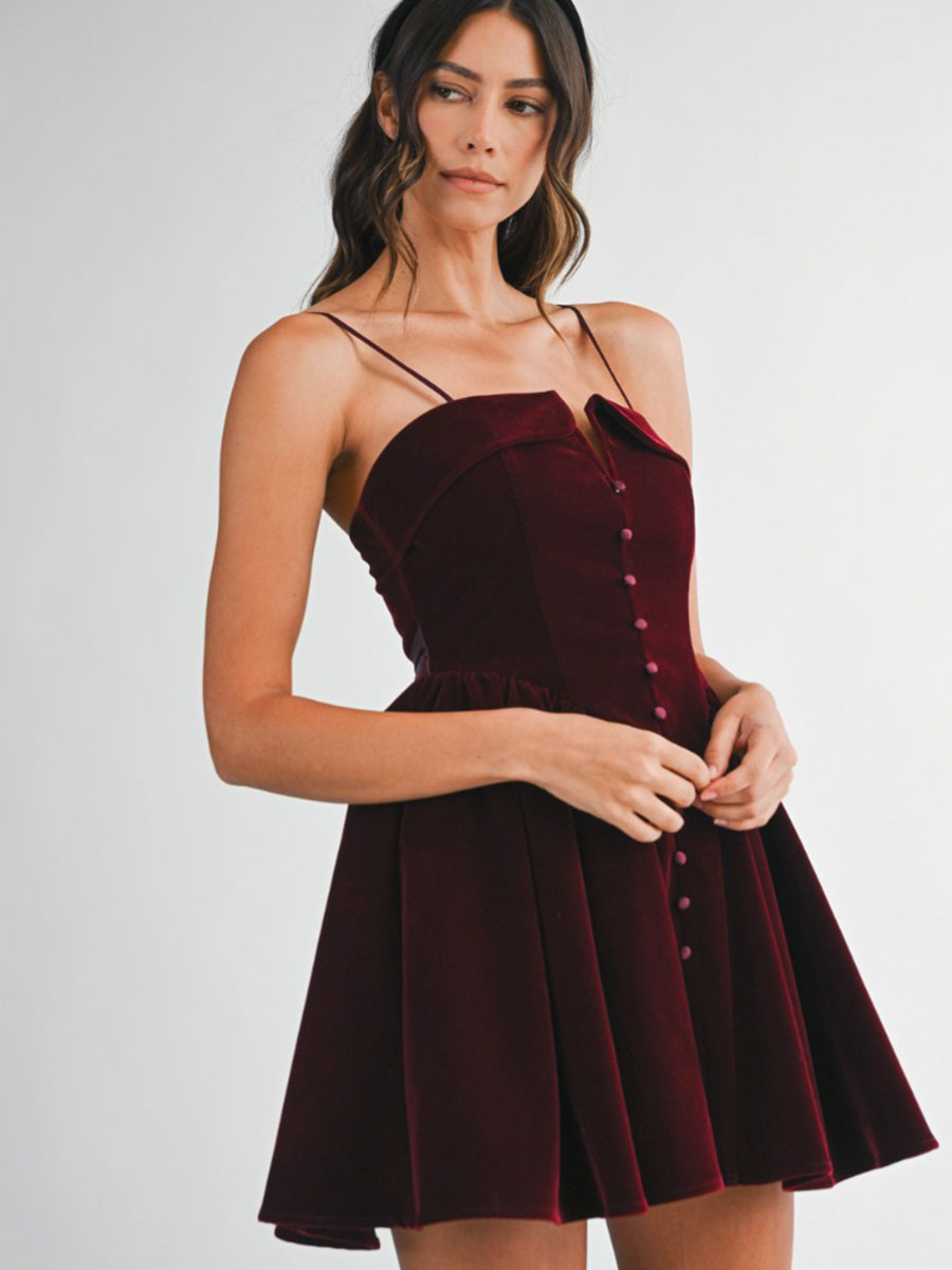 VELVET BUSTIER MINI DRESS - WINE DRESSES OAK CLOTHING CO.