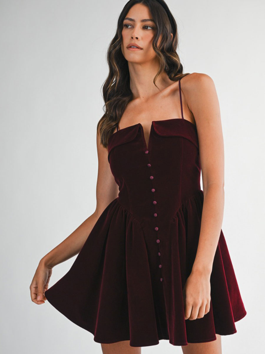VELVET BUSTIER MINI DRESS - WINE DRESSES OAK CLOTHING CO.