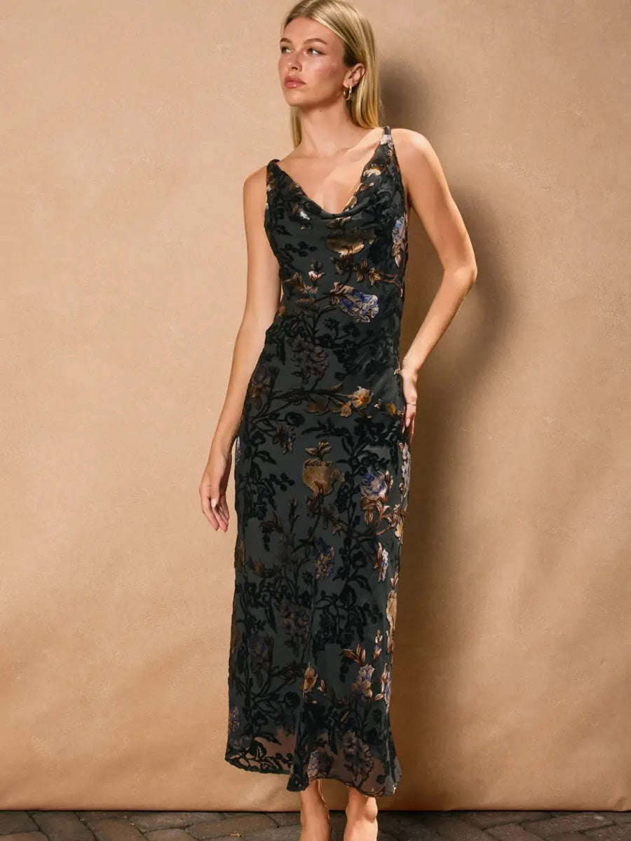 FLORAL VELVET TWISTED STRAP MAXI DRESS - MIDNIGHT ORCHID DRESSES OAK CLOTHING CO.