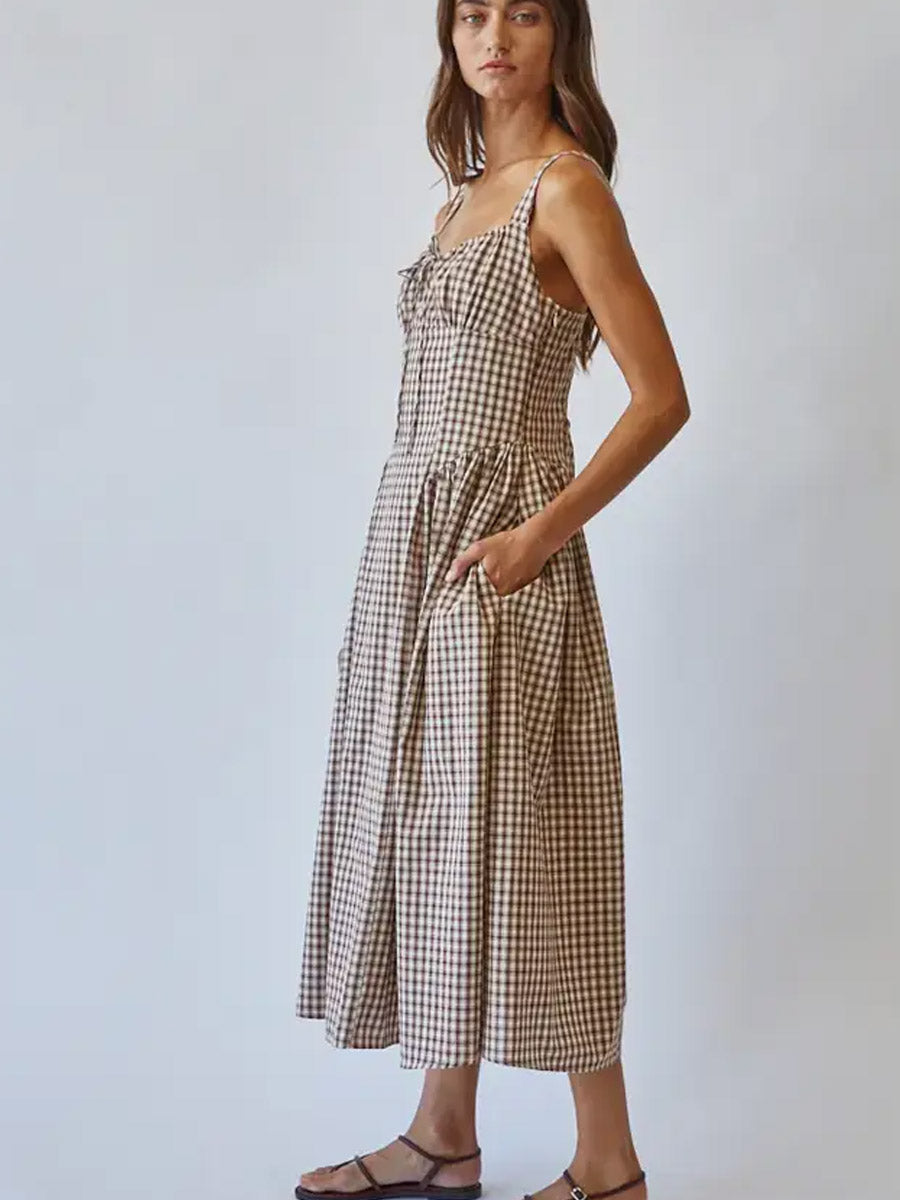 VIVIEN CHECK TIE FRONT MIDI DRESS - BROWN