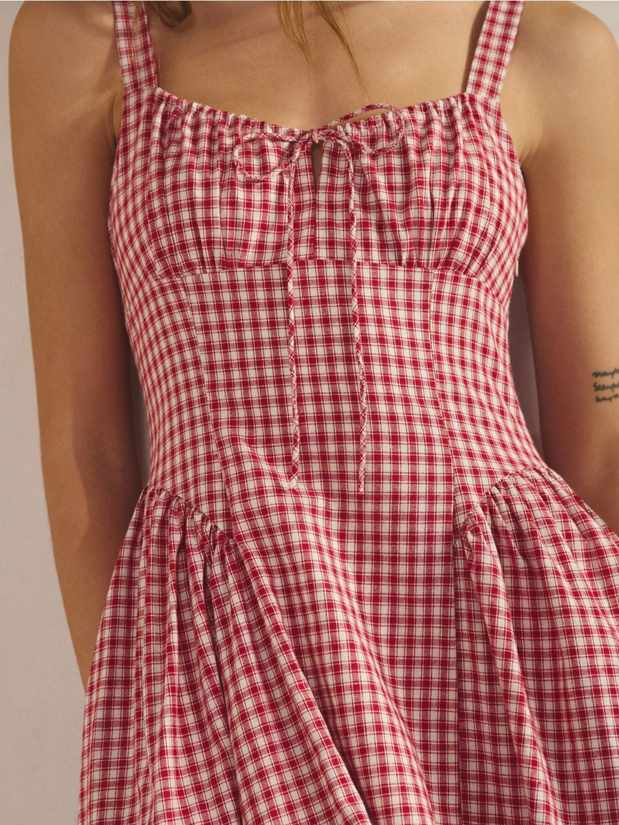 VIVIEN CHECK TIE FRONT MIDI DRESS - RED DRESSES OAK CLOTHING CO.