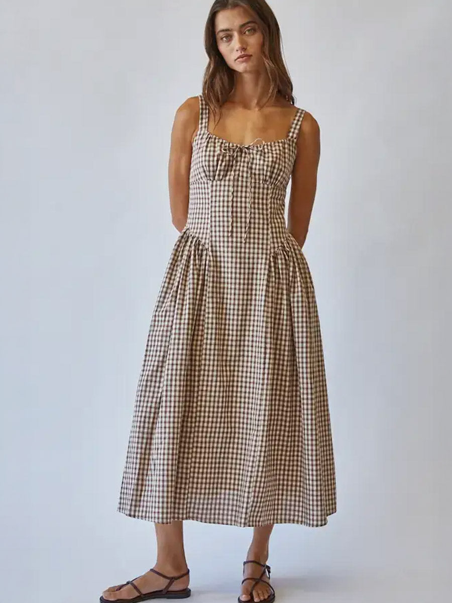 VIVIEN CHECK TIE FRONT MIDI DRESS - BROWN