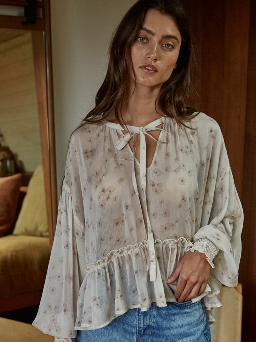 WOVEN POLYESTER CHIFFON FLORAL BLOUSE - LIGHT BEIGE SHIRTS OAK CLOTHING CO.