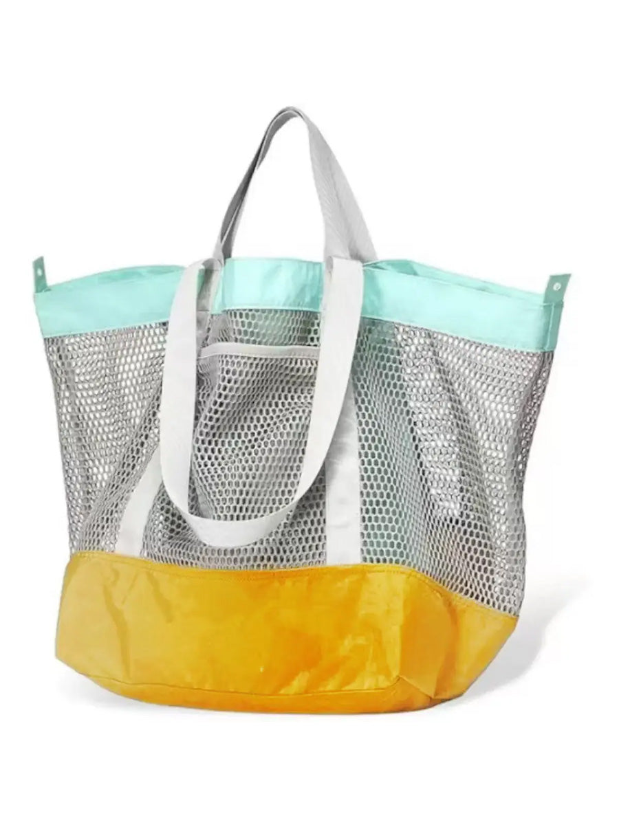 COLOR BLOCK BEACH MESH TOTE BAG - YELLOW